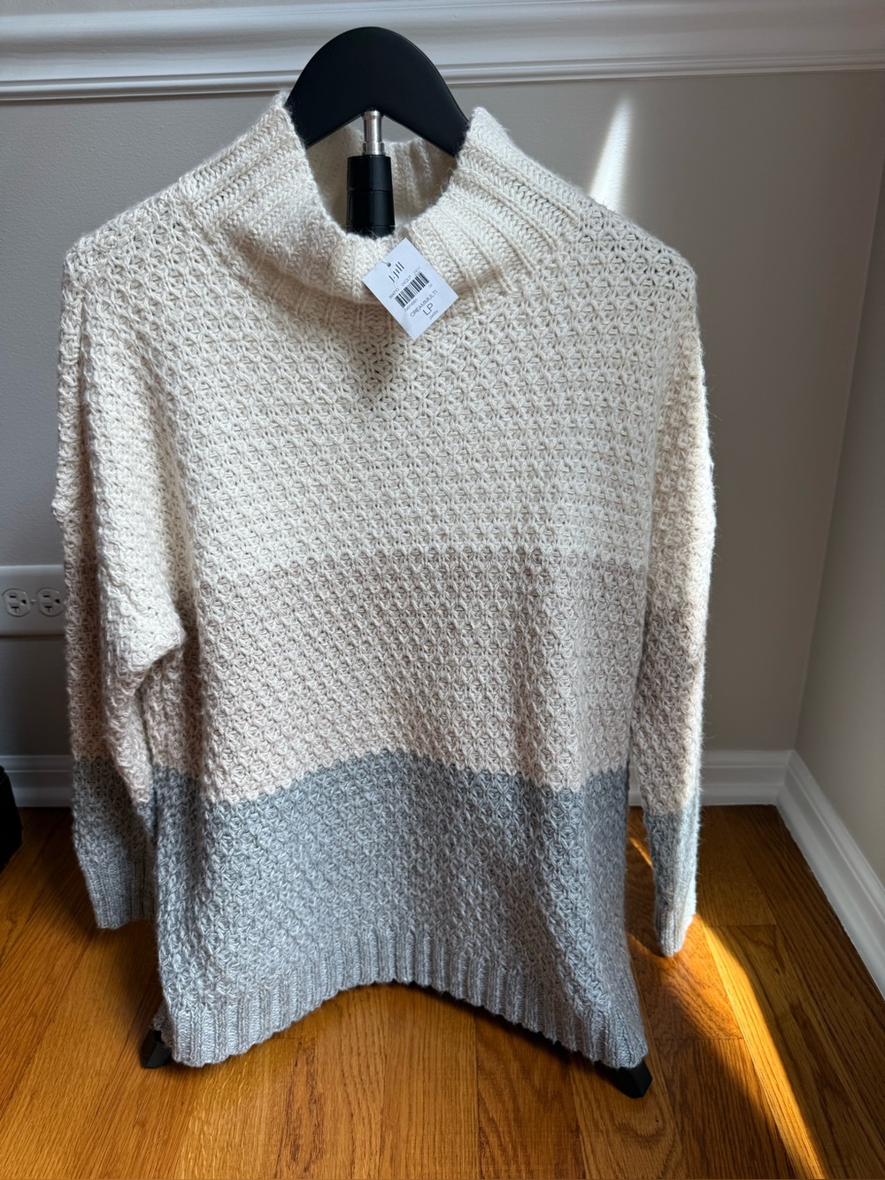 J.Jill Petite L Cream Gray Colorblock Textured Knit Cowl Neck Sweater NWT